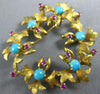 ANTIQUE AAA TURQUOISE RUBY 18K YELLOW GOLD FLORAL WREATH CIRCLE BROOCH PIN #1956