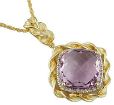 9.84CT DIAMOND & AAA AMETHYST 14KT YELLOW GOLD CUSHION SQUARE HALO ROPE PENDANT