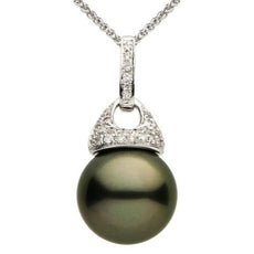 ESTATE .12CT DIAMOND & AAA TAHITIAN PEARL 14KT WHITE GOLD PAVE FLOATING PENDANT