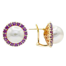 ESTATE LARGE 3.82CT DIAMOND SOUTH SEA PEARL & RHODOLITE 18KT ROSE GOLD EARRINGS