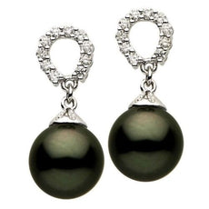 ESTATE .20CT DIAMOND & AAA TAHITIAN PEARL 18KT WHITE GOLD LUCKY HANGING EARRINGS