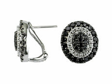 1.39CT WHITE & BLACK DIAMOND 14KT WHITE GOLD CLUSTER OVAL HALO CLIP ON EARRINGS