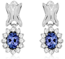 ESTATE .98CT DIAMOND & AAA TANZANITE 14K WHITE GOLD OVAL FLOWER HANGING EARRINGS