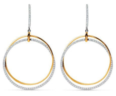 ESTATE LARGE 1.10CT DIAMOND 18K WHITE & YELLOW GOLD 3D CIRCULAR HANGING EARRINGS