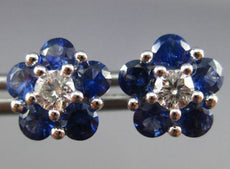 ESTATE 1.76CT DIAMOND & AAA SAPPHIRE 18KT WHITE GOLD 3D CLUSTER FLOWER EARRINGS