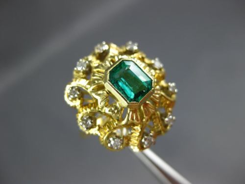 ANTIQUE LARGE .91CT OLD MINE DIAMOND & AAA EMERALD 14KT YELLOW GOLD FLOWER RING