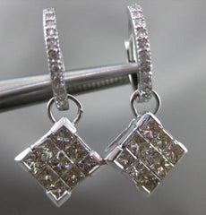 ESTATE LARGE 2.15CT ROUND & PRINCESS DIAMOND 14K WHITE GOLD HUGGIE DROP EARRINGS