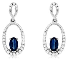 ESTATE .85CT DIAMOND & AAA SAPPHIRE 14KT WHITE GOLD OVAL ETOILE HANGING EARRINGS