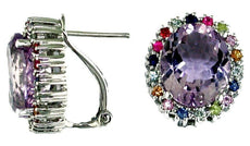 9.80CT AAA MULTI GEM & AMETHYST 14KT WHITE GOLD 3D OVAL HALO CLIP ON EARRINGS