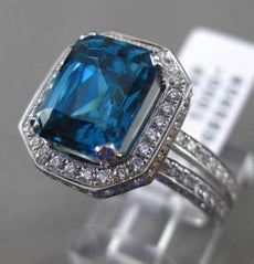 ESTATE LARGE 7.36CT DIAMOND & BLUE ZIRCON 18K WHITE GOLD 3D HALO ENGAGEMENT RING