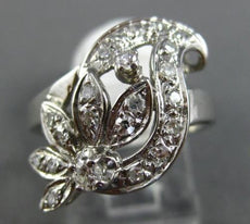 ANTIQUE WIDE .40CT OLD MINE DIAMOND 14KT WHITE GOLD 3D FILIGREE FLOWER LEAF RING