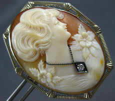 ANTIQUE LARGE .07CT DIAMOND CLASSIC LADY FLOWER CAMEO PIN PENDANT #21437