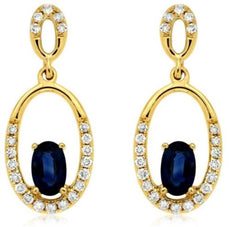ESTATE .80CT DIAMOND & AAA SAPPHIRE 14K YELLOW GOLD OVAL ETOILE HANGING EARRINGS