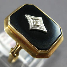 ANTIQUE WIDE .02CT OLD MINE DIAMOND & AAA ONYX 14K TWO TONE GOLD 3D HEXAGON RING