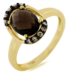 1.88CT CHOCOLATE FANCY DIAMOND & AAA SMOKY TOPAZ 14KT YELLOW GOLD OVAL FUN RING