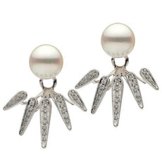 ESTATE .33CT DIAMOND & PEARL 14K WHITE GOLD MILGRAIN GRADUATING JACKET EARRINGS