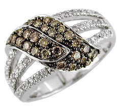 .87CT WHITE & MOCHA DIAMOND 14KT WHITE GOLD 3D PAVE LOVE KNOT DOUBLE LEAF RING