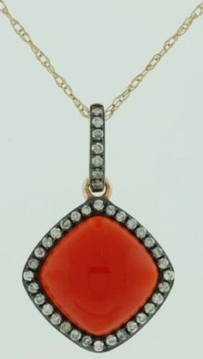 .12CT CHOCOLATE FANCY DIAMOND & AAA RED AGATE 14KT ROSE GOLD SQUARE HALO PENDANT