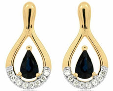 ESTATE 1.17CT DIAMOND & AAA SAPPHIRE 14K YELLOW GOLD PEAR SHAPE HANGING EARRINGS