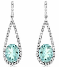 1.75CT DIAMOND & AAA AQUAMARINE 14KT WHITE GOLD OVAL TEAR DROP HANGING EARRINGS