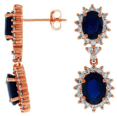ESTATE 6.50CT DIAMOND & AAA SAPPHIRE 14K ROSE GOLD 3D OVAL HALO HANGING EARRINGS