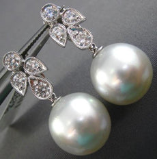 ESTATE LARGE .85CT DIAMOND & AAA SOUTH SEA PEARL 18K WHITE GOLD HANGING EARRINGS