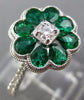 ESTATE 1.14CT DIAMOND & AAA EMERALD 18KT WHITE GOLD 3D FLOWER MILGRAIN LOVE RING