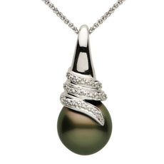 ESTATE .07CT DIAMOND & TAHITIAN PEARL 14KT WHITE GOLD ROUND SWIRL SNAKE PENDANT