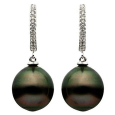 ESTATE .11CT DIAMOND & AAA TAHITIAN PEARL 14K WHITE GOLD 3D FUN HANGING EARRINGS