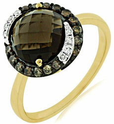 2.76CT WHITE & MOCHA DIAMOND & AAA SMOKY TOPAZ 14KT YELLOW GOLD ROUND HALO RING