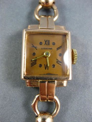 ANTIQUE WIDE LUSSERNA 14KT ROSE GOLD CLASSIC SQUARE SWISS LADIES WATCH ...