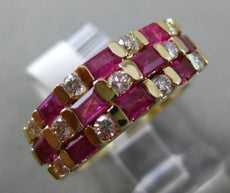 ESTATE 1.58CT ROUND DIAMOND & AAA BAGUETTE RUBY 14KT YELLOW GOLD THREE ROW RING