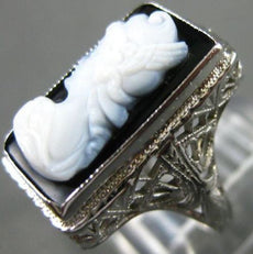 ANTIQUE LARGE 14KT WHITE GOLD 3D HANDCRAFTED FILIGREE LADY CAMEO FUN RING #26426