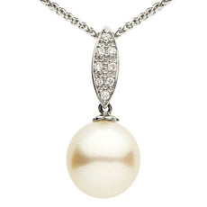 ESTATE .08CT DIAMOND & AAA SOUTH PEARL 18KT WHITE GOLD 3D MARQUISE SHAPE PENDANT