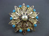 ANTIQUE LARGE AAA TURQUOISE & PEARL 14KT YELLOW GOLD FLOWER PIN PENDANT #23609