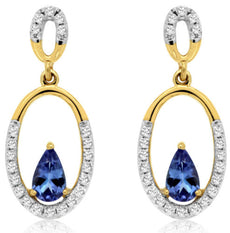 ESTATE .62CT DIAMOND & AAA TANZANITE 14KT YELLOW GOLD 3D OVAL HANGING EARRINGS