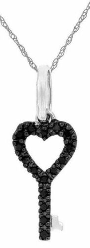 ESTATE .07CT BLACK DIAMOND 14KT WHITE GOLD 3D CLASSIC KEY TO YOUR HEART PENDANT