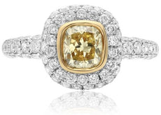 ESTATE 2.23CT WHITE & FANCY YELLOW DIAMOND 18K 2 TONE GOLD BEZEL ENGAGEMENT RING