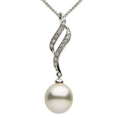 ESTATE .12CT DIAMOND & AAA PEARL 14K WHITE GOLD DOUBLE ROW LEAF FLOATING PENDANT