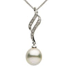 ESTATE .12CT DIAMOND & AAA PEARL 14K WHITE GOLD DOUBLE ROW LEAF FLOATING PENDANT