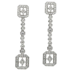 ESTATE .91CT DIAMOND 18KT WHITE GOLD 3D FILIGREE SQUARE & ROUND HANGING EARRINGS