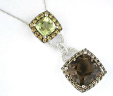 7.89CT DIAMOND AAA SMOKY TOPAZ & LEMON QUARTZ 14KT WHITE GOLD 3D CUSHION PENDANT