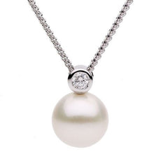 ESTATE .08CT DIAMOND & AAA PEARL 18KT WHITE GOLD BEZEL 2 STONE FLOATING PENDANT