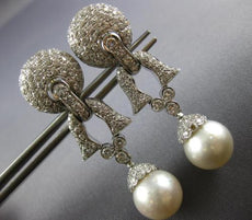 ESTATE LARGE 3.0CT DIAMOND & AAA SOUTH SEA PEARL 18K WHITE GOLD HANGING EARRINGS