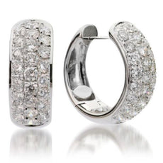 ESTATE WIDE 1.37CT DIAMOND 18KT WHITE GOLD 3D CLASSIC 3 ROW PAVE HUGGIE EARRINGS