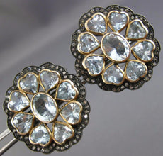 ANTIQUE LARGE 12.9 DIAMOND & AAA AQUAMARINE 14K YELLOW GOLD SILVER STUD EARRINGS