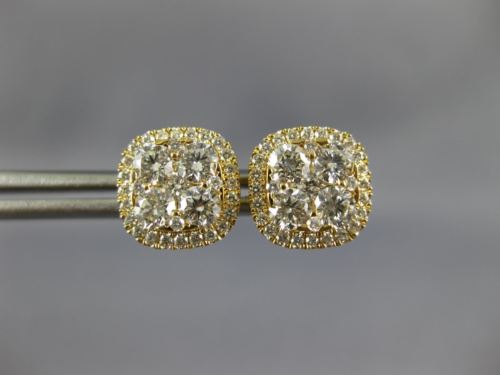 ESTATE LARGE 1.18CT DIAMOND 18K YELLOW GOLD 3D CLUSTER SQUARE HALO STUD EARRINGS