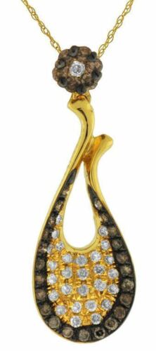 .31CT WHITE & CHOCOLATE FANCY DIAMOND 14KT YELLOW GOLD FLOWER TEAR DROP PENDANT