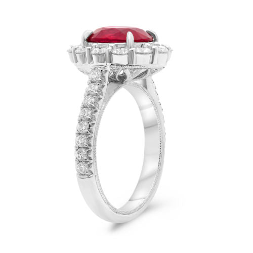 ESTATE LARGE 4.19CT DIAMOND & AAA RUBY 18KT WHITE GOLD OVAL HALO ENGAGEMENT RING