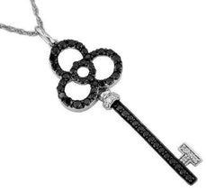 .75CT WHITE & BLACK DIAMOND 14K WHITE GOLD FLOWER KEY TO YOUR HEART LOVE PENDANT